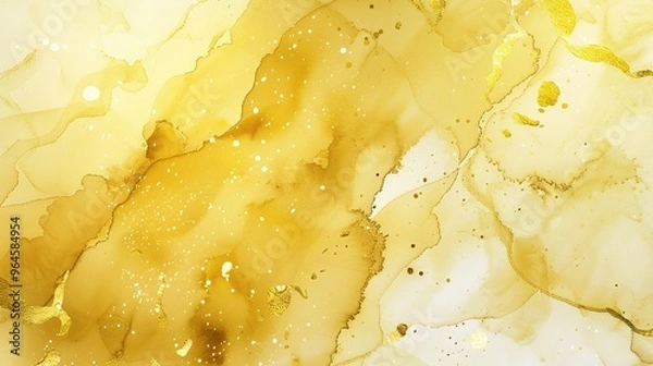 Fototapeta A magnificent texture of a golden watercolor forms a captivating background. The golden hue shimmers and glows, creating a luxurious and warm feel. The texture is rich and unique, with the watercolor 
