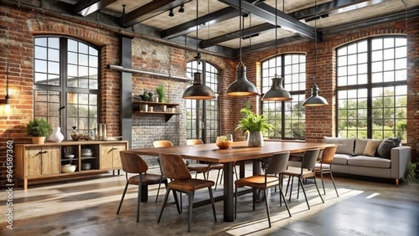 Obraz Industrial style dining room in a loft space with exposed brick walls and metal accents