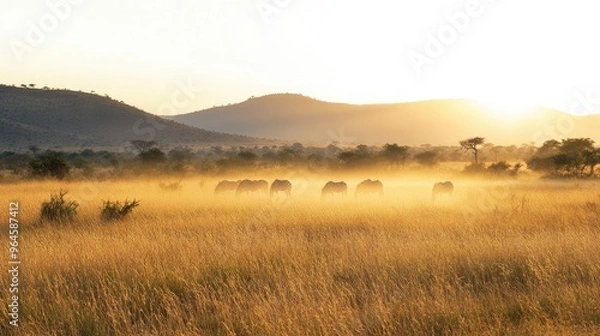 Fototapeta The golden grasslands of Kruger National Park at dawn, with a herd of zebras grazing in the distance.