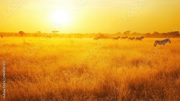 Fototapeta The golden grasslands of Kruger National Park at dawn, with a herd of zebras grazing in the distance.