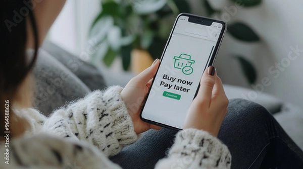 Fototapeta A person using a mobile phone displaying a "Buy Now, Pay Later" option