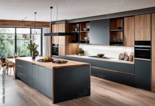 Fototapeta innovative kitchen layout emphasizing safety features smart design ergonomic elements enhanced functionality user experience, appliances, arrangement, ambiance