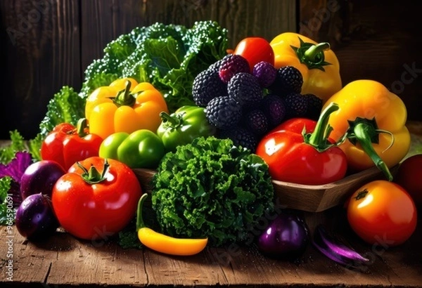 Fototapeta colorful display fresh fruits vegetables arranged natural surfaces featuring vibrant colors organic textures, arrangement, assortment, authentic, appetizing