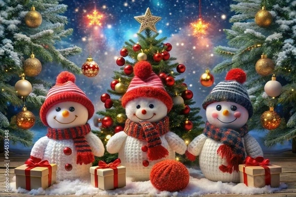 Fototapeta snowman and christmas tree