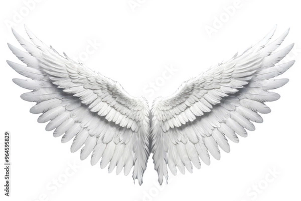 Fototapeta Angel wings, centered full body, isolated, white background, high-definition stock photo, feathers detailed and subtle variations in texture, light source creating soft shadows