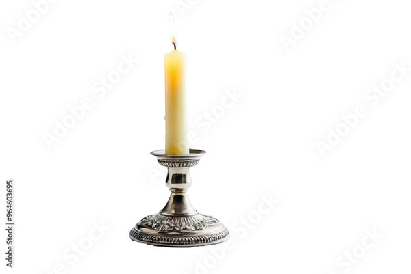 Obraz Single candlestick with wax pooling at the base, isolated on a pure white background, capturing the entire crafted charm of the candlestick, high-quality stock photography