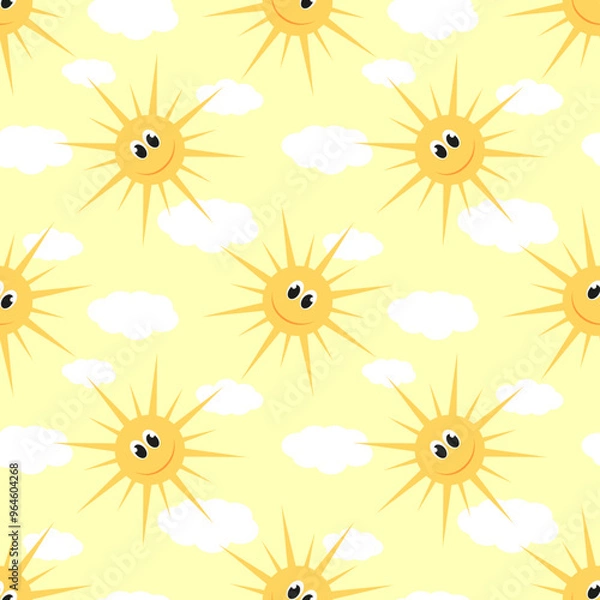 Obraz Vector illustration. Funny smiling cartoon sun seamless pattern on bright background.