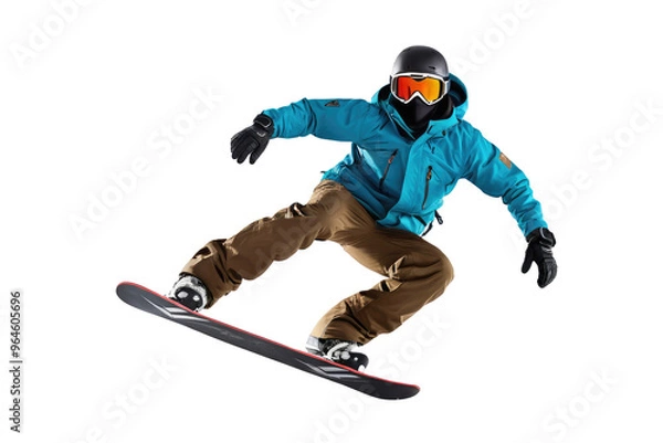Fototapeta Snowboarder mid-air captured in dynamic jumping pose, full body, masks obscuring facial features, contrasts sharply with isolated white background, dynamic lighting emphasizes muscular definition