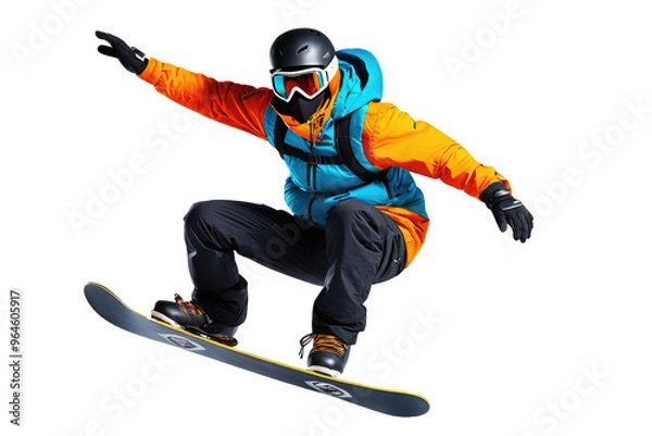 Obraz Snowboarder mid-air captured in dynamic jumping pose, full body, masks obscuring facial features, contrasts sharply with isolated white background, dynamic lighting emphasizes muscular definition