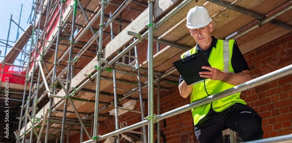 Fototapeta Construction Foreman Builder on Building Site Writing on Clipboard
