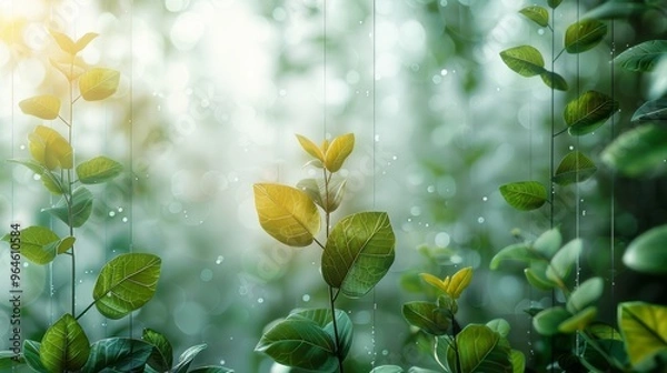 Fototapeta Lush Green Leaves with Sunlight and Bokeh Background in a Tranquil Natural Setting
