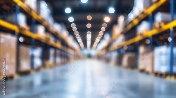 Fototapeta A blurred image of a warehouse interior with shelves stacked with boxes, indicating storage and logistics operations.