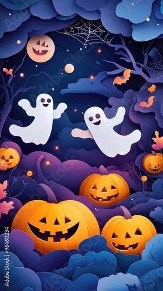 Fototapeta Paper cut style illustration of playful ghosts and pumpkins dancing under the moonlight