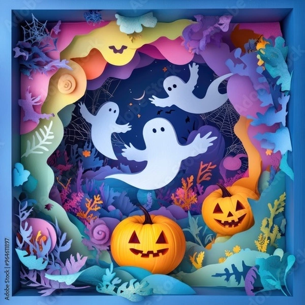 Fototapeta Paper cut style illustration of playful ghosts and pumpkins dancing under the moonlight