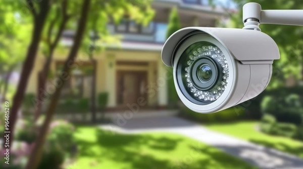 Fototapeta A surveillance camera against the background of a modern house is a symbol of surveillance and burglary protection