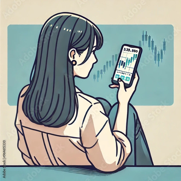 Obraz <イラスト>投資イメージ　スマホで投資をする若者