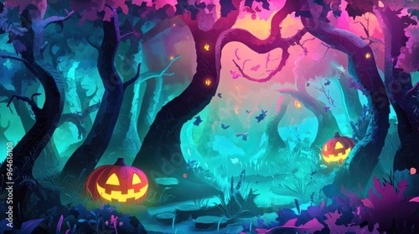 Fototapeta Paper cut style illustration of an enchanted forest with glowing pumpkins and twisted trees