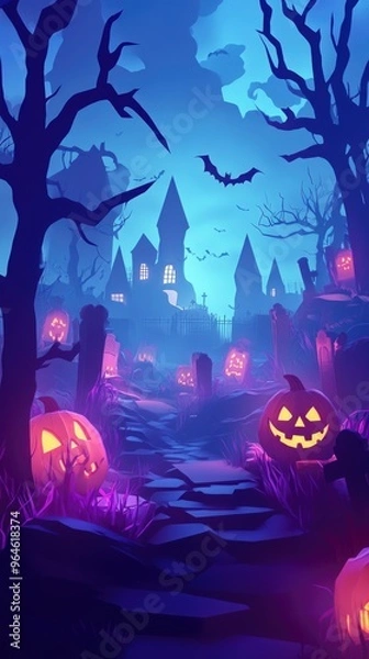 Fototapeta Paper cut style illustration of jack-o'-lanterns glowing in a foggy graveyard