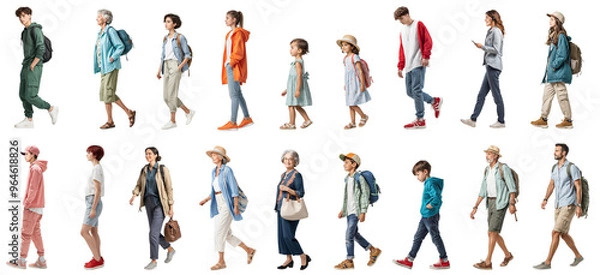 Obraz 歩いている人物の切抜き素材、背景透過（男性、女性、老人、子供）