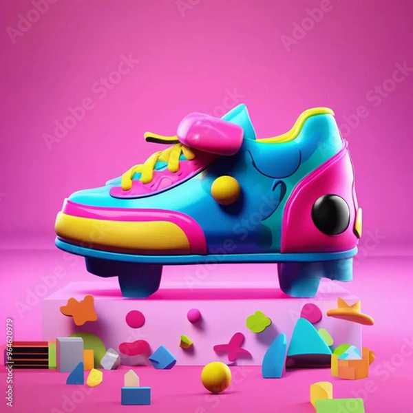 Fototapeta Vibrant 3D Cartoon-Style Shoe with Pop and Glow Effects