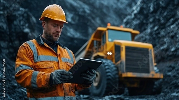 Fototapeta Construction Worker Using Digital Tablet at Mining Site with Heavy Dump Truck in Background
