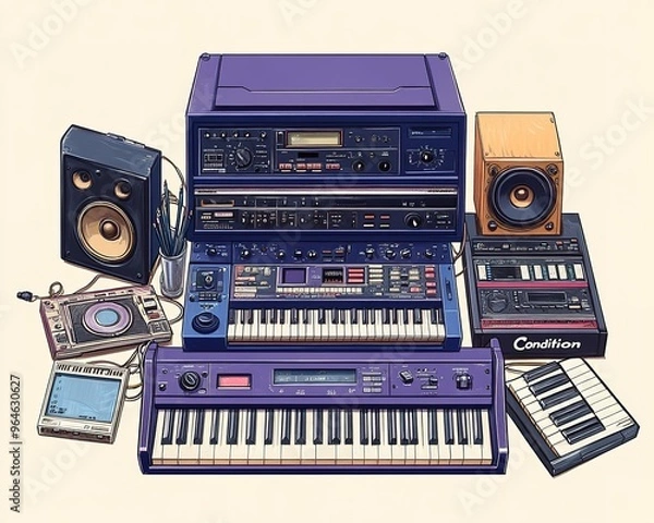 Obraz 1980s purple and blue hip hop MPC drum machine with boombox and piano keyboard