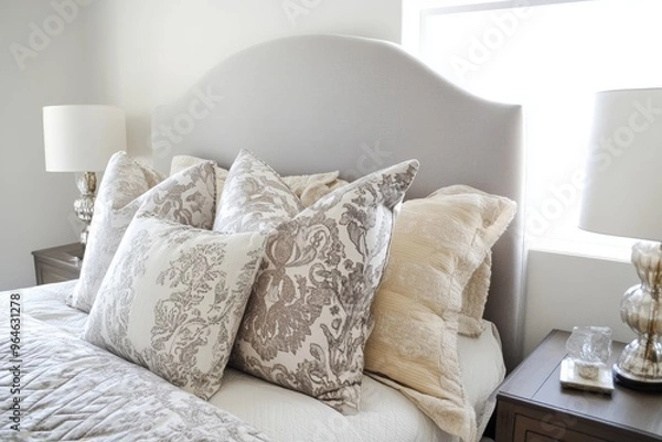 Fototapeta Stylish bright modern Bedroom interior with decorative niches and a huge panoramic window in grey and white colors and geometric shapes. image for design