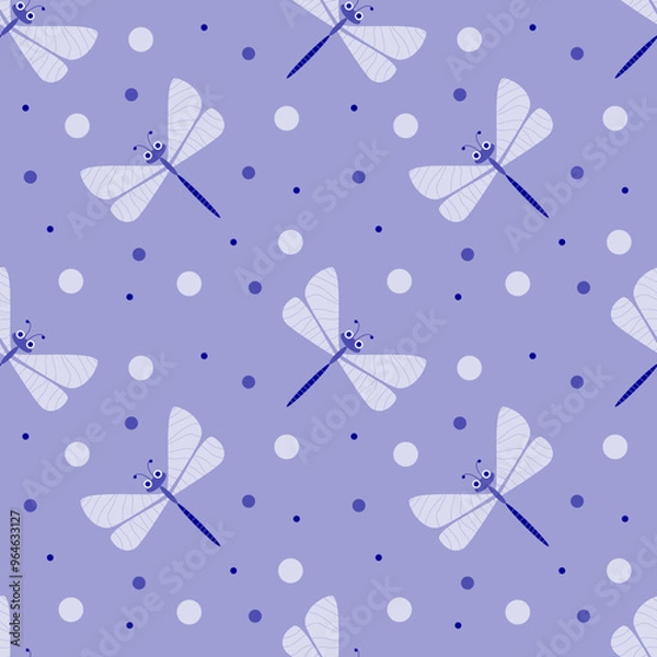 Obraz Vector illustration. Dragonfly cartoon seamless pattern on colorful background.