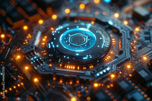 Obraz Close-up of a glowing microchip on a high-tech circuit board with illuminated red pathways, futuristic technology concept