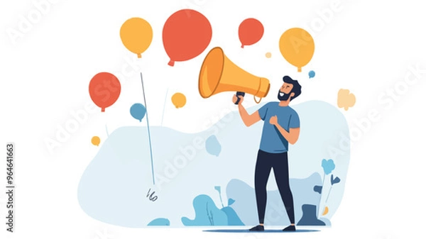 Fototapeta Communication or PR, Public Relations manager to communicate company information and media, announce sales or promotion concept, businessman holding speech bubble balloons while talking on megaphone.
