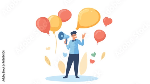 Fototapeta Communication or PR, Public Relations manager to communicate company information and media, announce sales or promotion concept, businessman holding speech bubble balloons while talking on megaphone.
