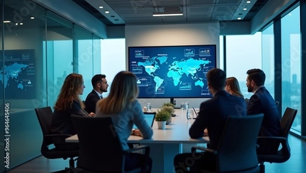 Fototapeta Business professionals in glasswalled conference room with digital presentations Highresolution image capturing modern work environment and technology