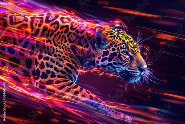 Obraz Fast running leopard. High speed. Abstract background