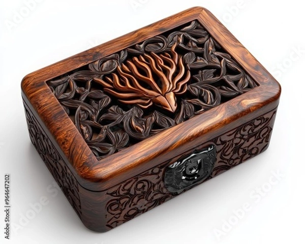 Fototapeta Custom wooden keepsake box with engraved design, rustic finish, 3D illustration