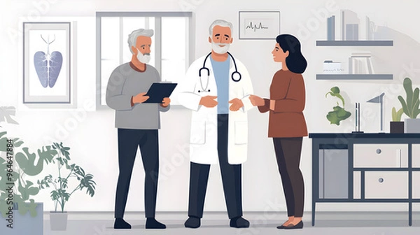 Fototapeta Elderly Couple Visiting Their Family Doctor for a Routine Health Checkup and Consultation



