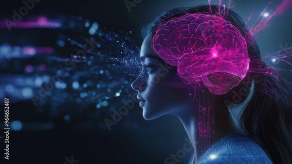 Fototapeta abstract image of neural connections in the human brain, woman's head in profile