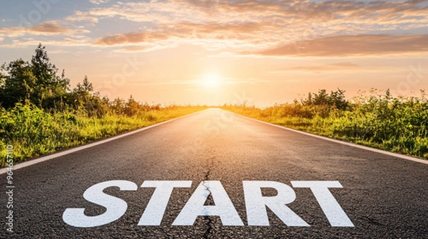 Fototapeta A beautiful sunrise illuminates an empty road with word START painted on it, symbolizing new beginnings and opportunities.