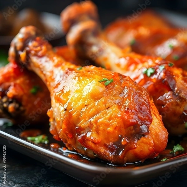 Obraz Fried chicken topped with Korean sauce, sprinkled with white sesame seeds and spring onions.
