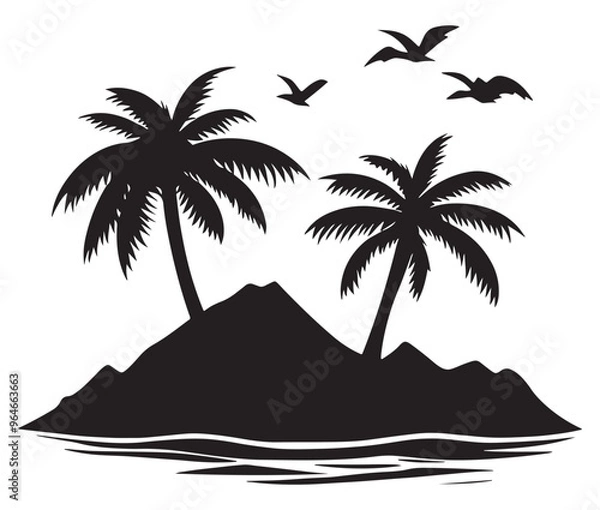Fototapeta Tropical island with palm trees silhouette on the beach Summer vacation vector
