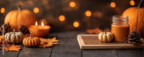 Obraz Cozy autumn scene with pumpkins, candles, and pinecones, evoking warm seasonal vibes and inviting ambiance.