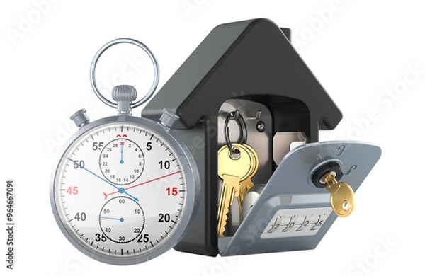 Fototapeta Stopwatch with security lock box for storage and transfer of keys. 3D rendering isolated on transparent background