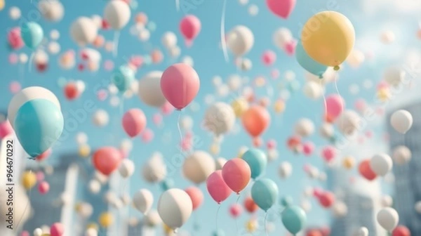 Fototapeta Diverse Group Celebrating in Futuristic City Filled with Vibrant Balloons at Daytime, Expressing Innovation and Joy in a Utopian Setting