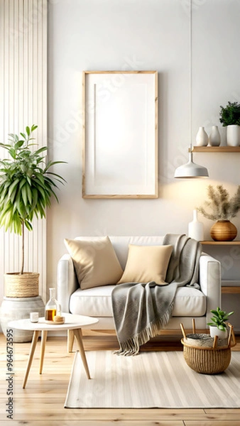 Fototapeta Cozy home interior with frame mockup, white Mock up frame