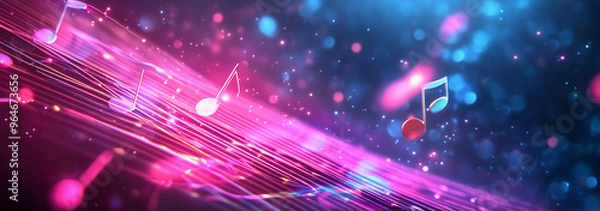 Fototapeta Colorful Musical Notes Flowing on a Vibrant Wave Background
