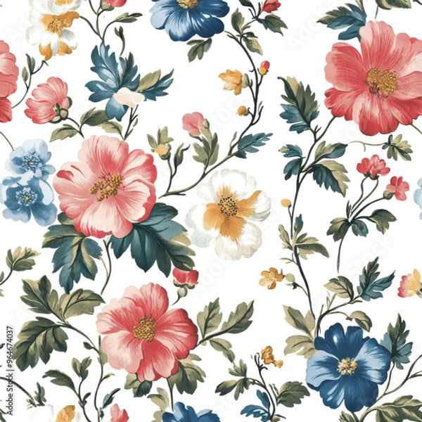 Fototapeta Seamless floral pattern with multicolored flowers and green leaves
