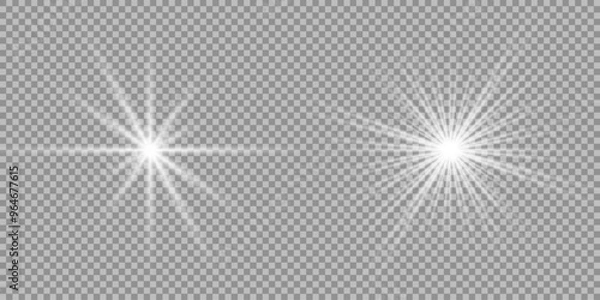 Fototapeta Glowing light bursts with sparkles. Glow light effect set, lens flare, explosion, glitter, line, sun flash, spark and star. Abstract image of lighting flare and white stars. Vector illustration
