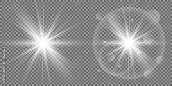 Fototapeta Glowing light bursts with sparkles. Glow light effect set, lens flare, explosion, glitter, line, sun flash, spark and star. Abstract image of lighting flare and white stars. Vector illustration