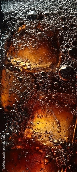 Obraz Cola with ice. Close-up of ice cubes in cola water. Texture of a carbonated drink with bubbles in the glass. Cola soda and ice splash, fizz or float to the surface. 