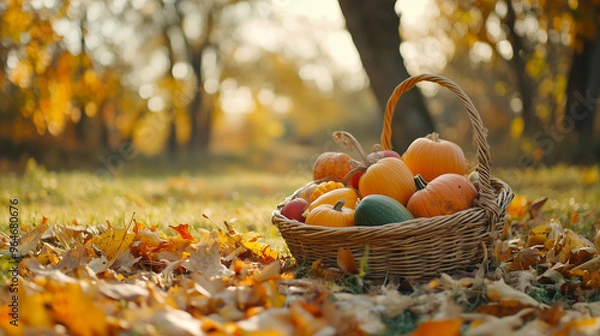 Fototapeta Authentic Thanksgiving Day traditions in a rural countryside, vegetable harvest outdoors and autumn leaves and trees background