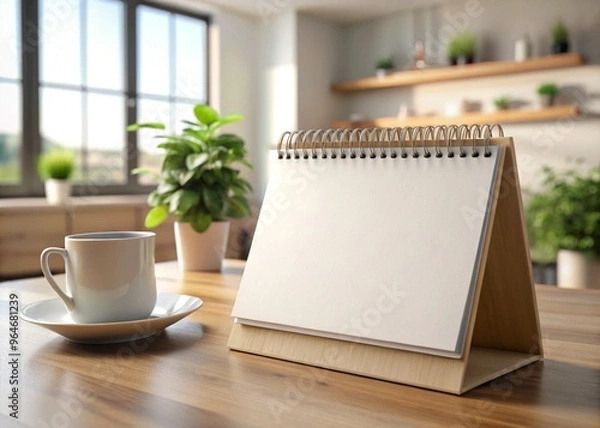 Fototapeta Empty spiral desk calendar 3d mock-up in table home and office Blank 3D table calendar. Office and home decor. Bright minimal background photo for your content